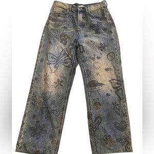 BDG Women’s Blue Doodle Butterfly Hearts Cowboy Denim Boho Hippie size 30x27